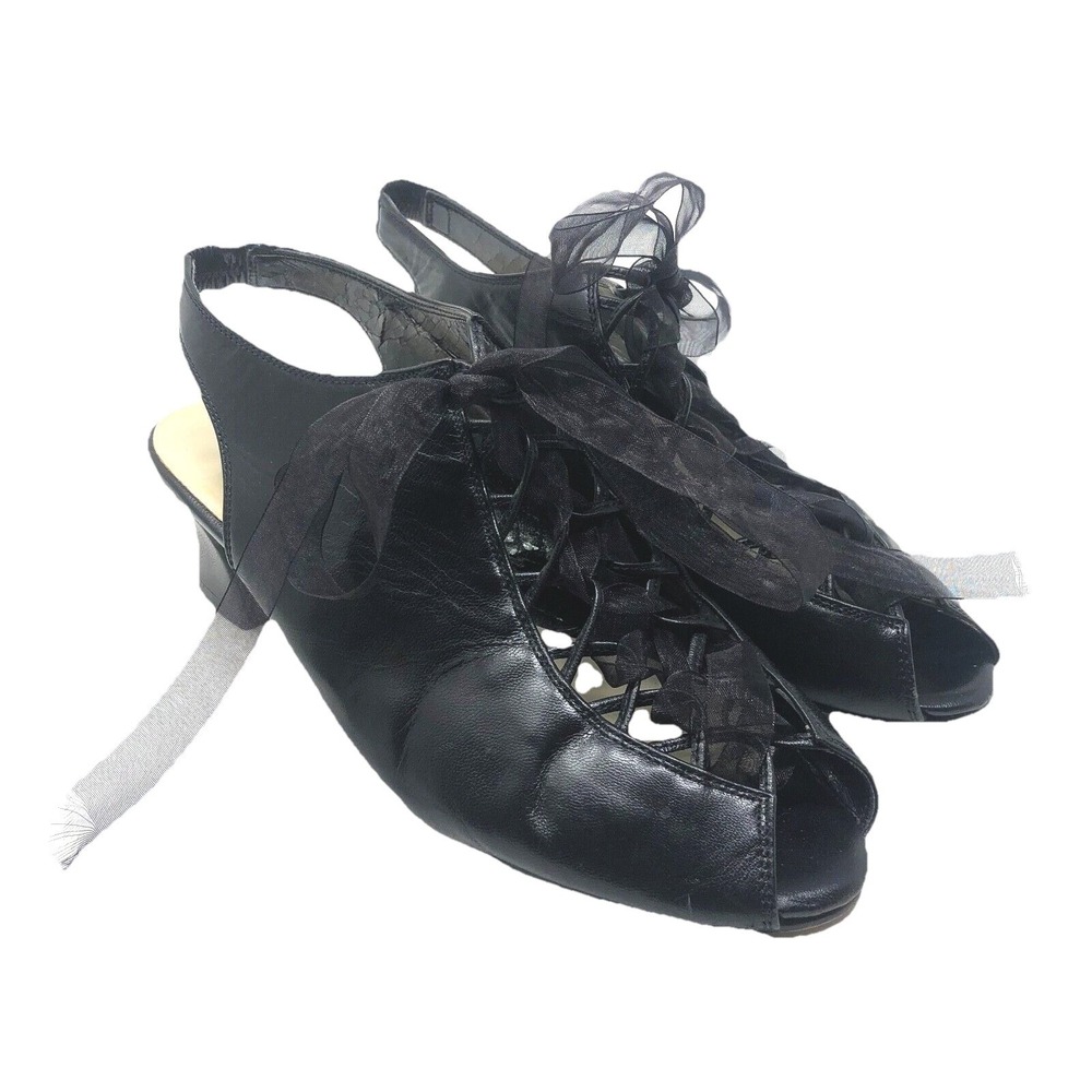 J Renee Lace‎ Up Peep Toe Heel Womens 6 Black Leather Sling Back Dark Fairy Goth